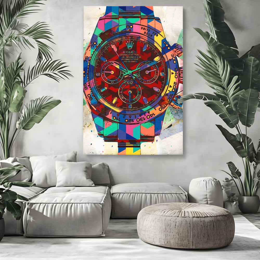 Tablou canvas cu tablou canvas cu ceas colorat tip rolex, fara rama, pe sasiu de lemn, pe perete intr-un living